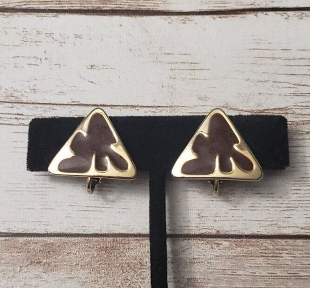 Vintage Clip On Earrings Brown & Gold Tone Triangle